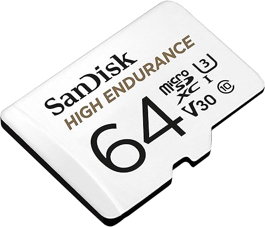 SanDisk High Endurance microSDXC Speicherkarte
64 GB + Adapter 
(Für Dash-Cams und private Überwachungskameras, 100 MB/s Lesen, V30 für Full-HD und 4K-Videos)